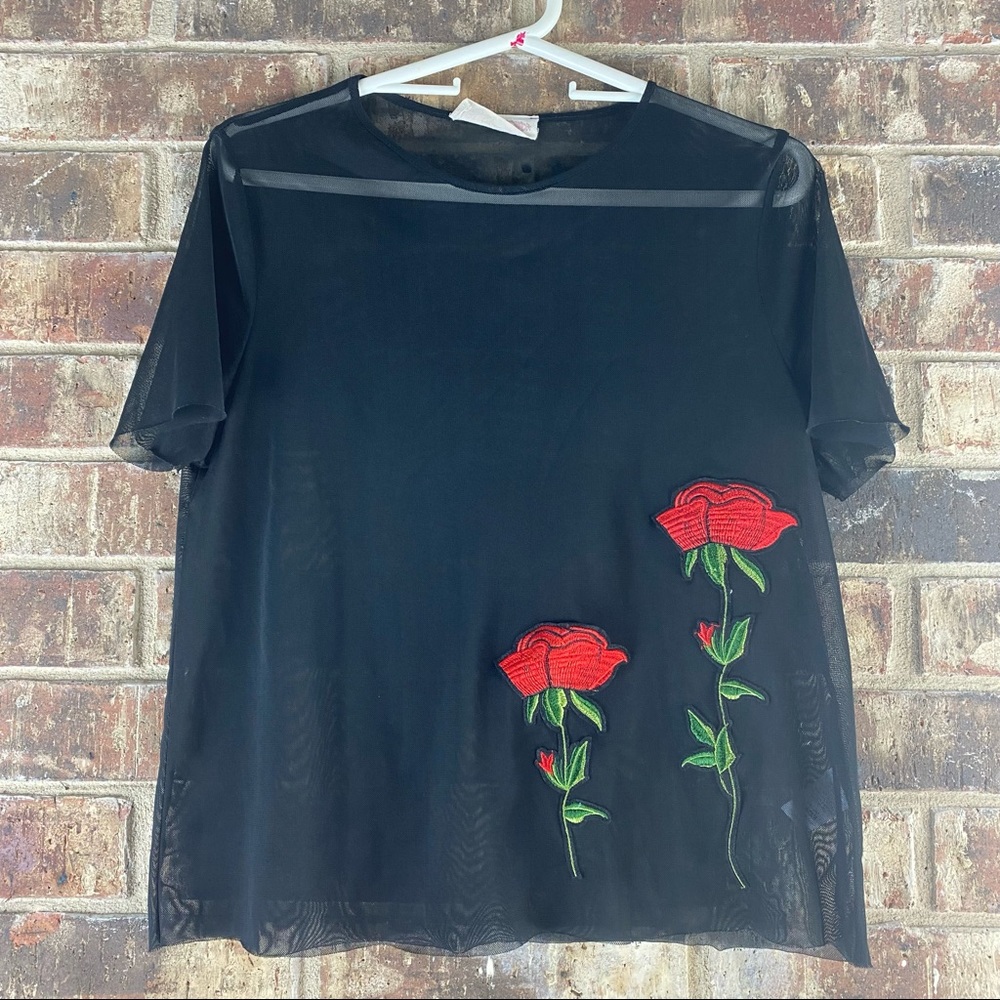 Twinkle AH5426 Black Mesh Sheer Stitch Roses Top M